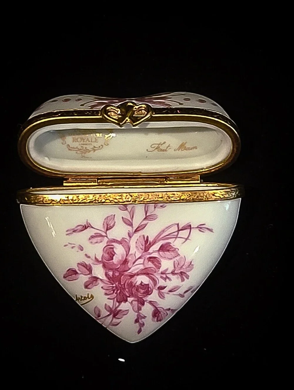 Vtg Ancienne Manufacture Royale d'Artois Limoges Heart Trinket Box Pink Roses